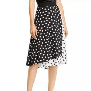 Alice + Olivia B&W Nanette Polka Dot Faux Wrap Silk Skirt - 6